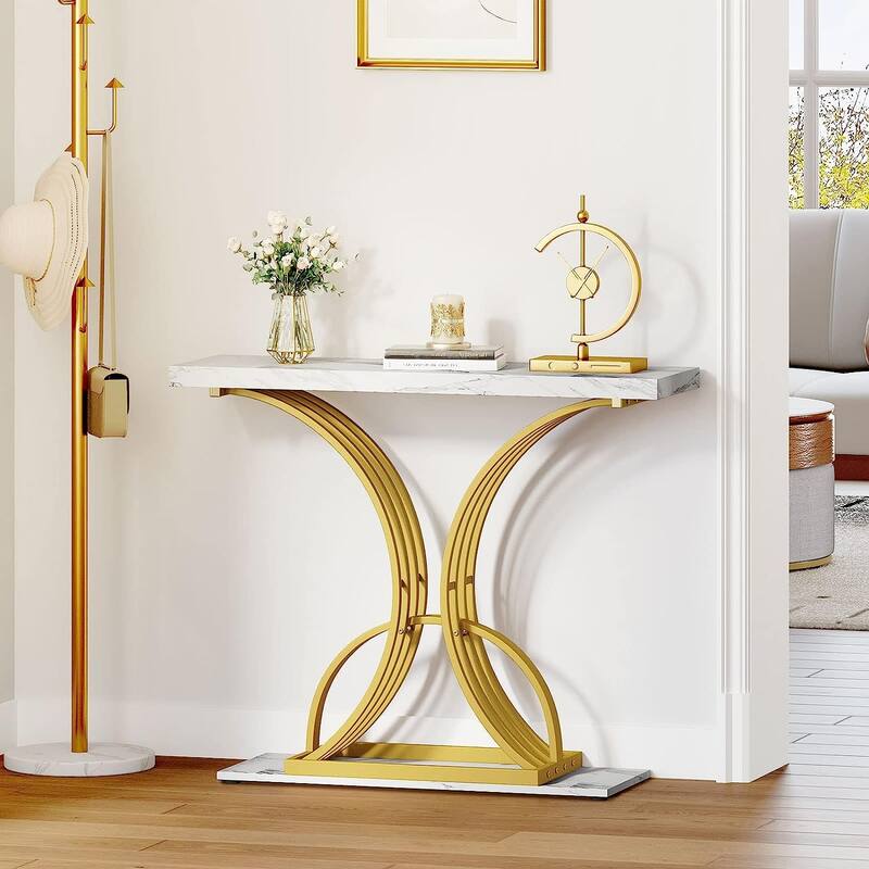 Moasis 39" Faux Marble Console Sofa Table Geometric Gold Base for Entryway