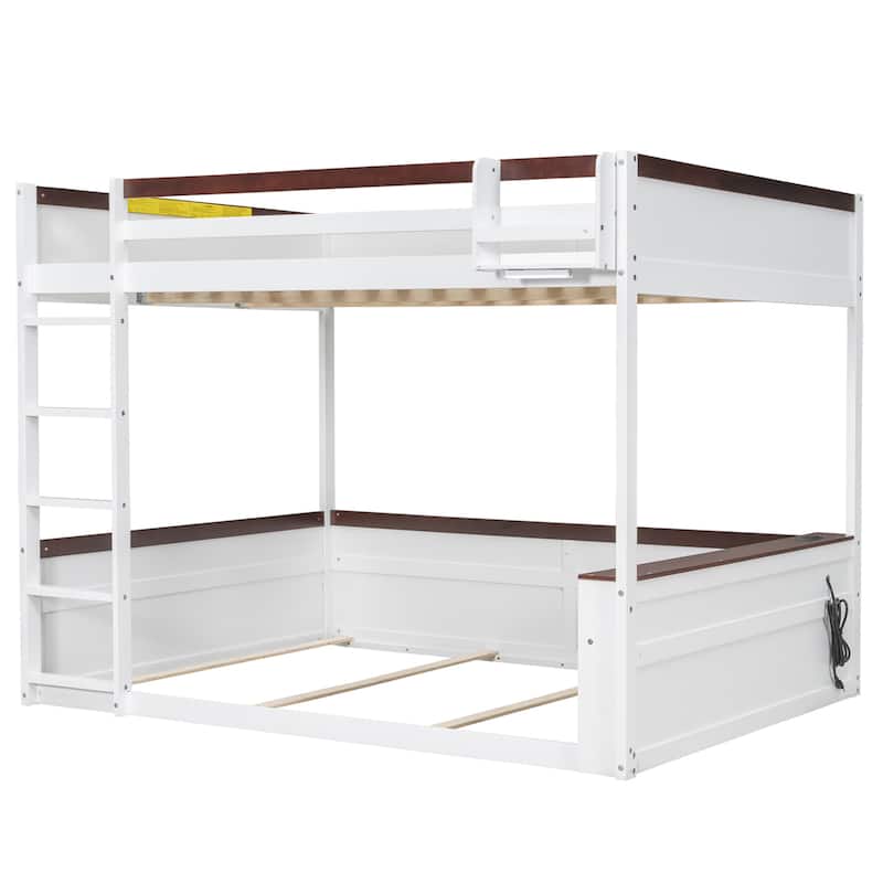 Queen Size Wooden Bunk Bed with Shelves, Storage Box, LED Light, and USB Charging Station
