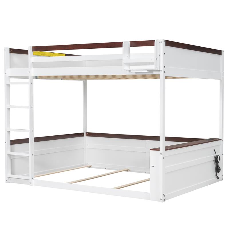 Queen Wooden Bunk Bed with Storage Shelves LED Light USB Charging Station