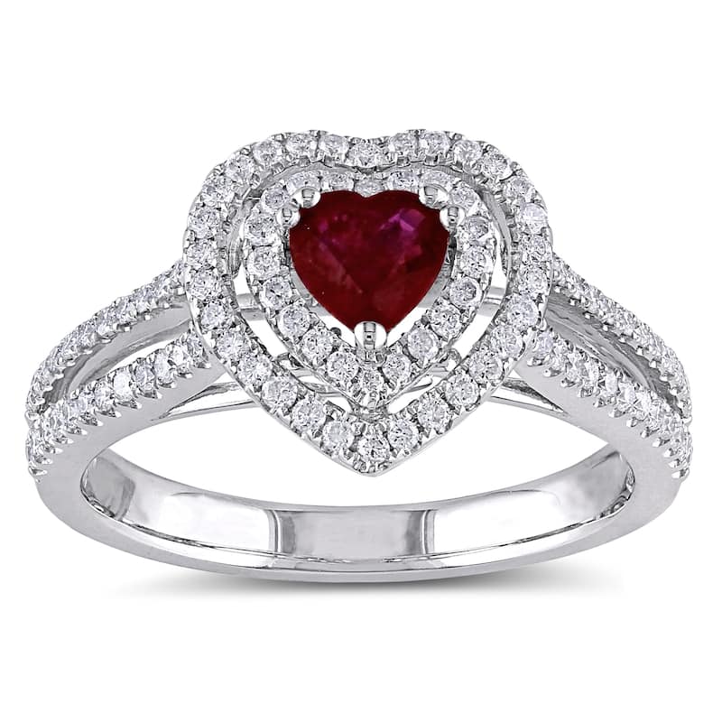 Miadora 14k White Gold Ruby and 3/8ct TDW Diamond Heart Double Halo Split Shank Engagement Ring