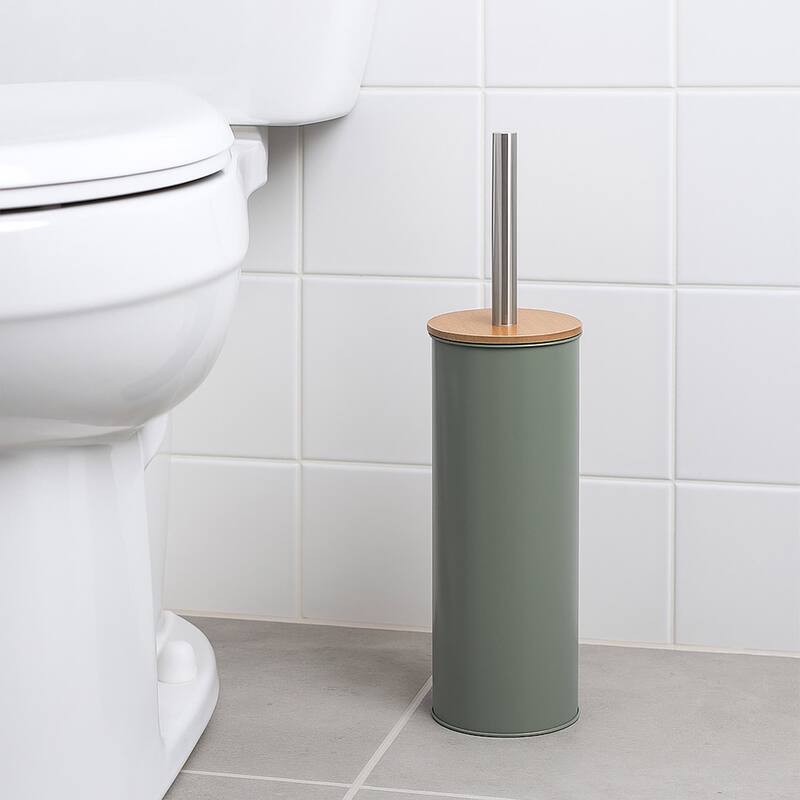 Metal Toilet Brush and Holder Set With Bamboo Lid