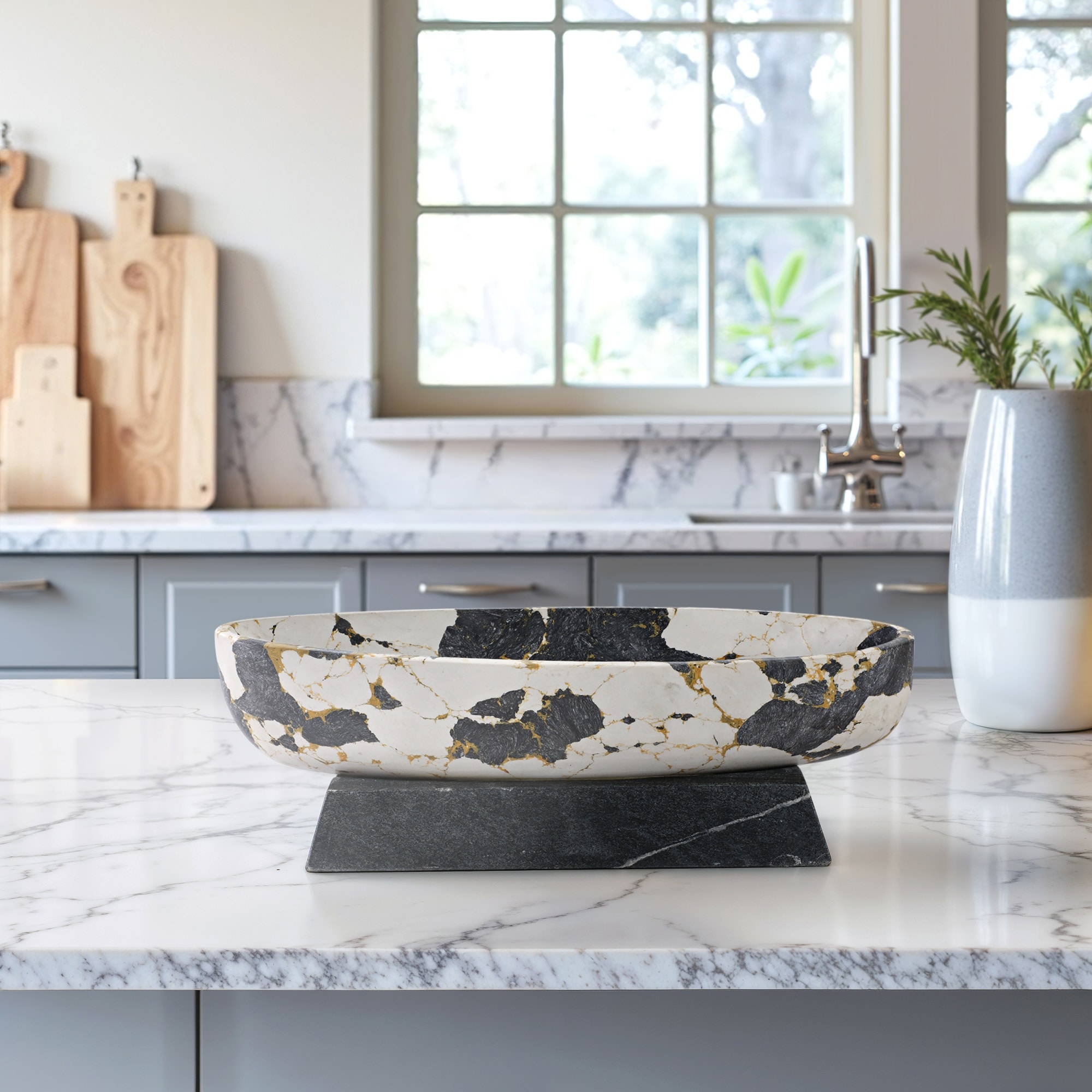 Stone Marble Bowl Pedesta for Base Home Office Decor - 5" Black - 18" x 6" x 5"