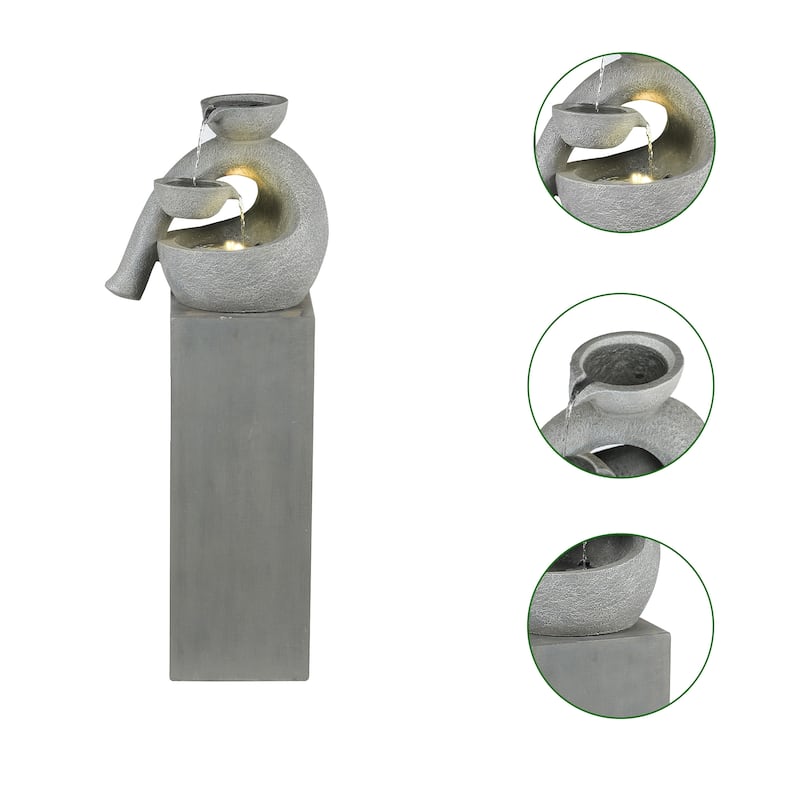 Gray Resin Modern Sculpture Pedestal Outdoor Fountain with LED Light