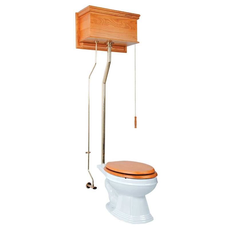 High Tank Toilet - Light Oak Flat High Tank, Brass L Pipe and Elongated White Bowl Renovators Supply