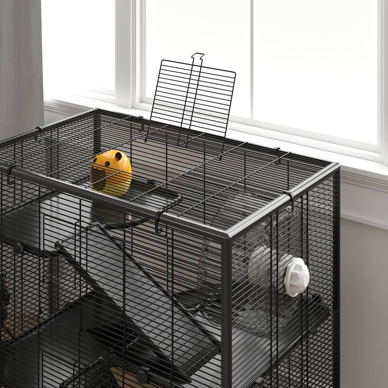 PawHut Large Hamster Cage with Deep Tempered Glass Bottom, 4 Tiers Hamster Tank with Running Wheel, Black