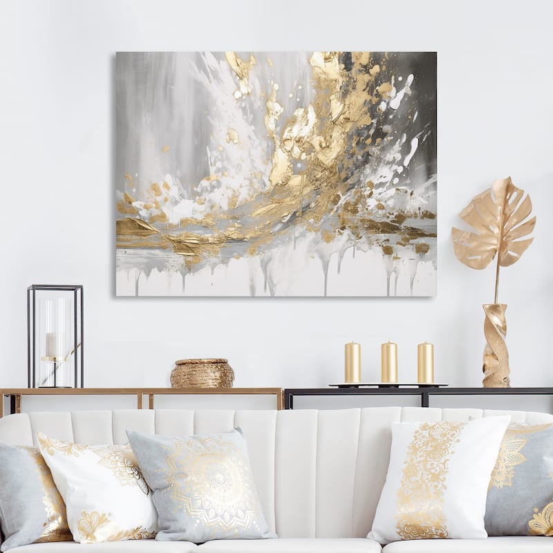 Designart "Gold and White Colliding Abstract" Abstract Painting Canvas Wall Art