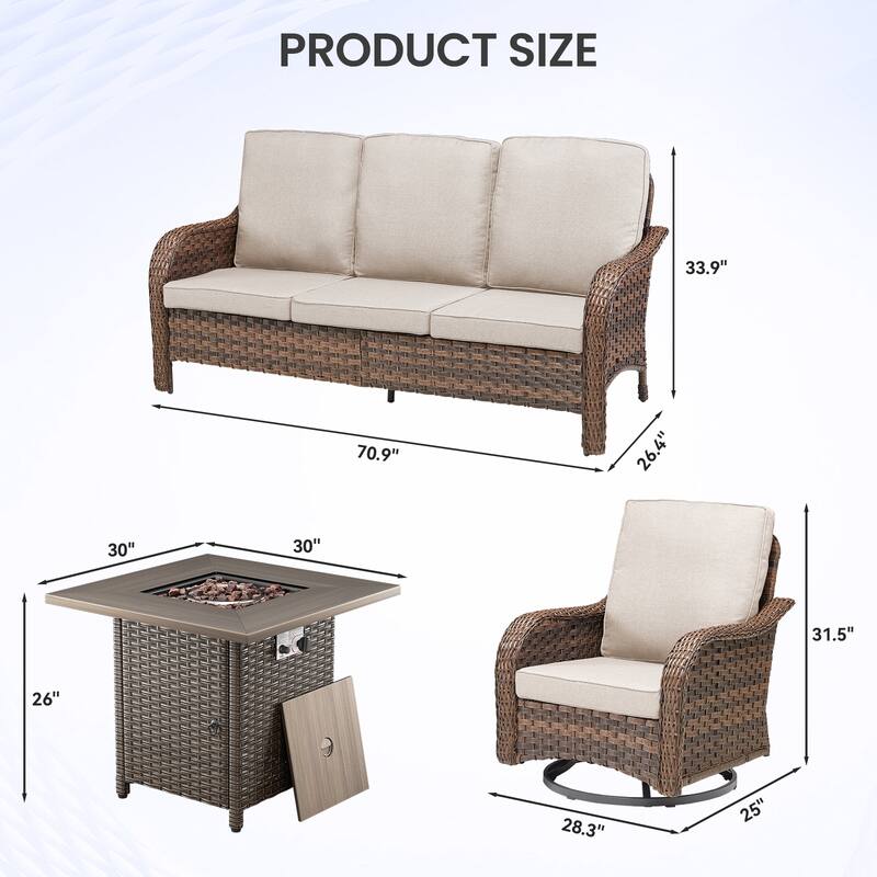 Pocassy Patio Funiture Sofa Swivel Chair Ottoman with Fire Table Set