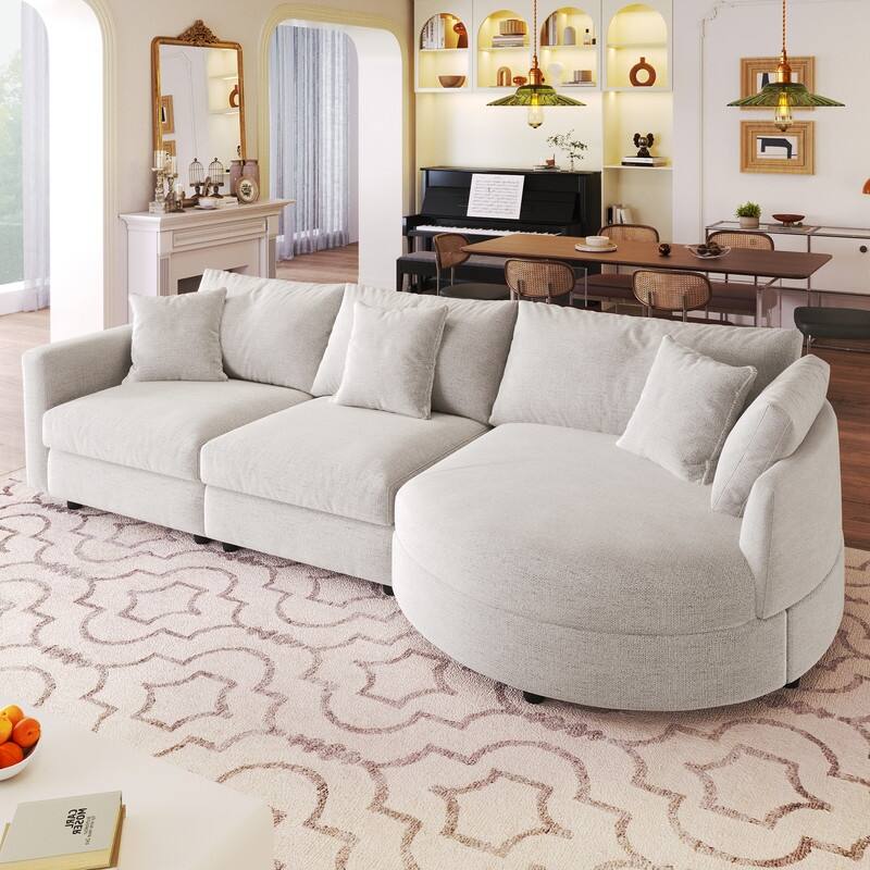 Modern 3-Piece Chenille Sectional Sofa with Curved Chaise and Comfortable Cushions for Living Rooms - Beige