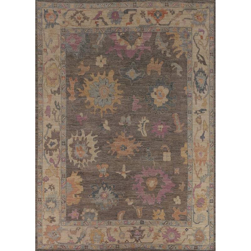 Vegetable Dye Oushak Turkish Rug Hand-Knotted Brown Wool Carpet - 9'2"x 11'10"