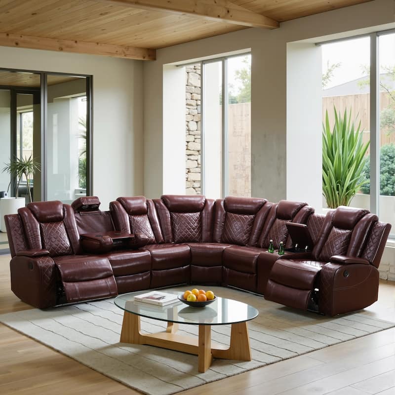3-Piece Off-White Breathing Leather Living Room Recliner Sofa set - Red
