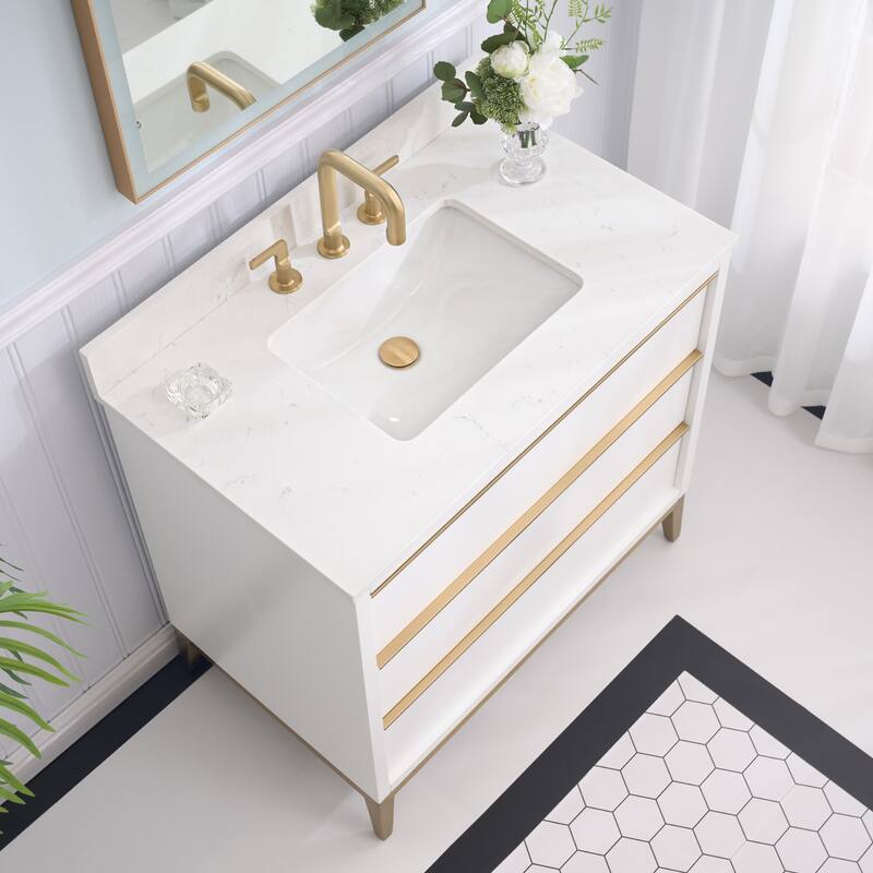 36"/48"/60" W Width Solid Wood Bathroom Vanity with Stain-resistant Carrera White Quartz Top and Sink
