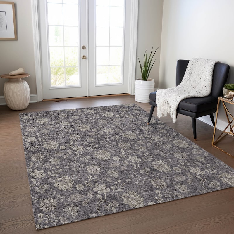 Machine Washable Indoor/ Outdoor Chantille Floral Farmhouse Rug - Taupe - 8' x 10'