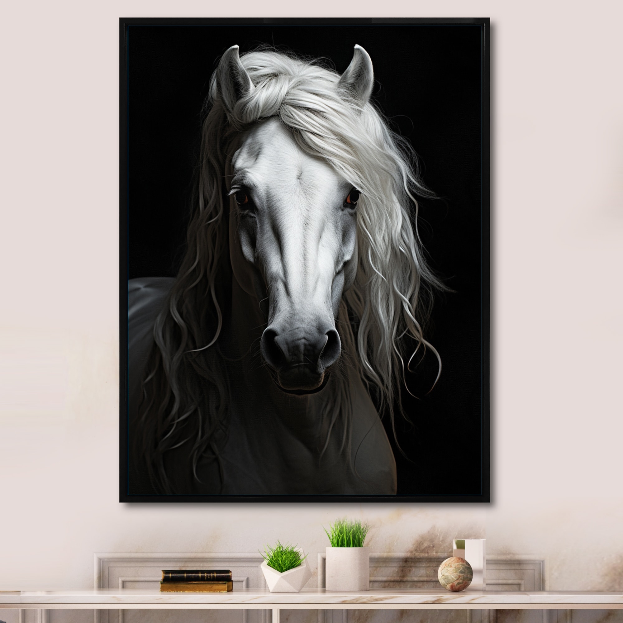 Designart "Grey Horse Majestic Monochrome" Animals Horse Framed Canvas Prints