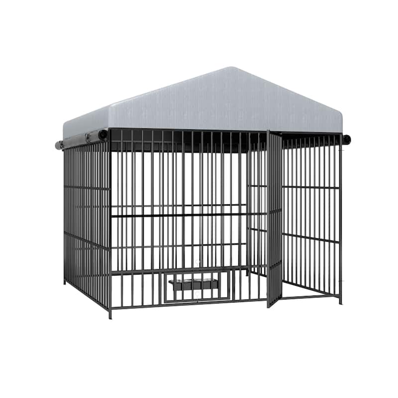 GDF Studio - Rockwell Outdoor Dog Kennel with Roof Cover & Feeding System