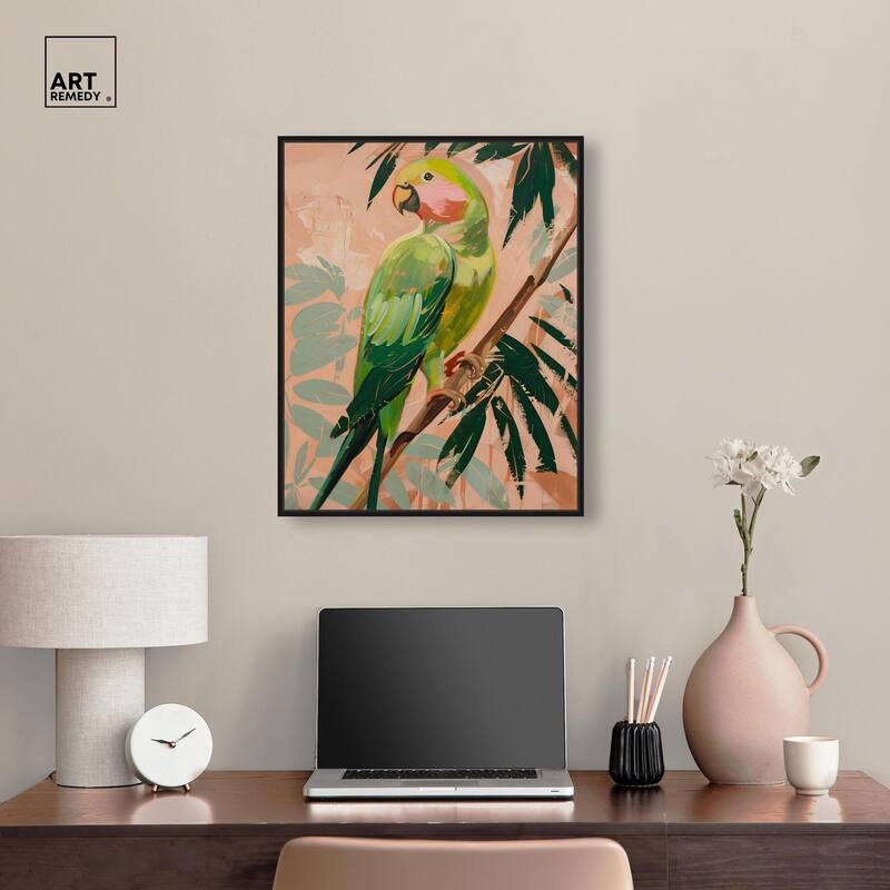 Coral and Green Parrot II Canvas by Art Remedy