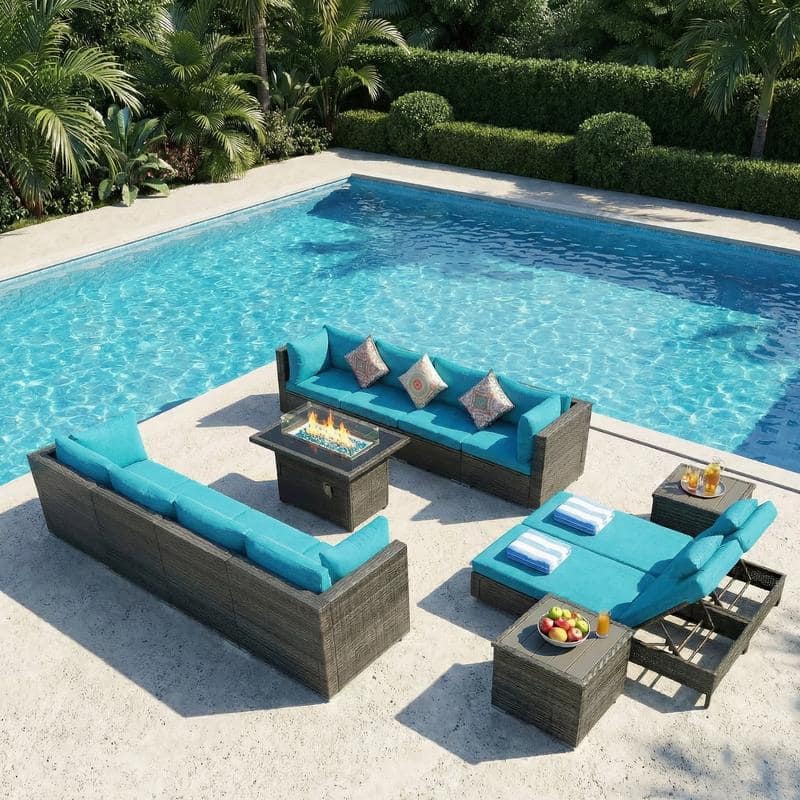 Outdoor Sectional Conversation Set PE Wicker with Double Chaise Lounge, 60,000 BTU Fire Pit Table - 12-Piece/Table - Teal