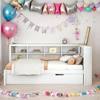 Wooden Twin Size DayBed with Twin Size Trundle and Storage Shelf and USB Charging Ports, White