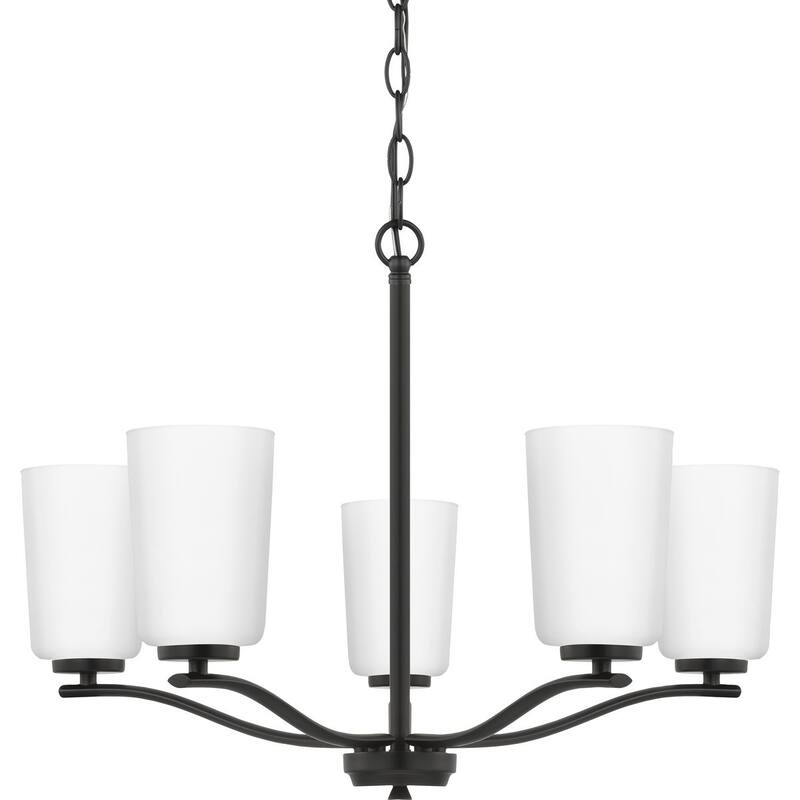 Adley Collection Five-Light Matte Black Etched White Glass New Traditional Chandelier - 22.87 in x 22.87 in x 17.25 in