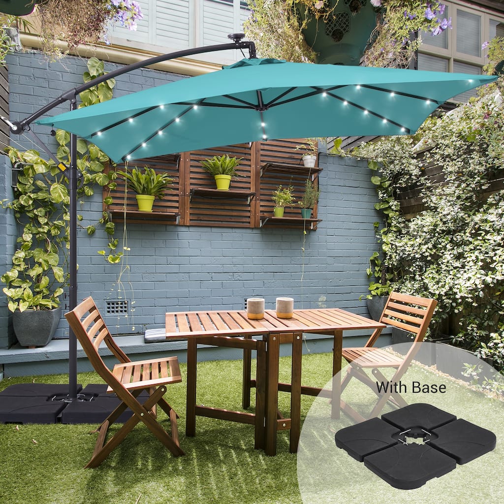 LIVOOSUN Solar Powered 8.2ft LED Patio Offset Umbrella With Base
