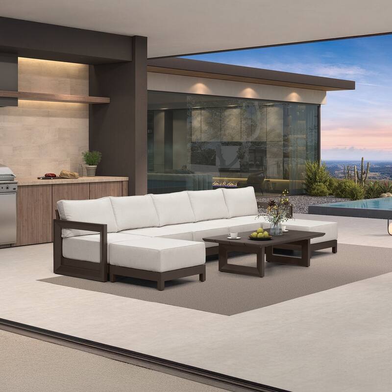 PURPLE LEAF Caesar white Sofas Sectionals 4-18 Piece with 9.6" Thick Cushion for Yard Porch Deck Outdoor Patio Conversation Sets - 5 Seats+2 Ottomans+1 Table - U-shaped