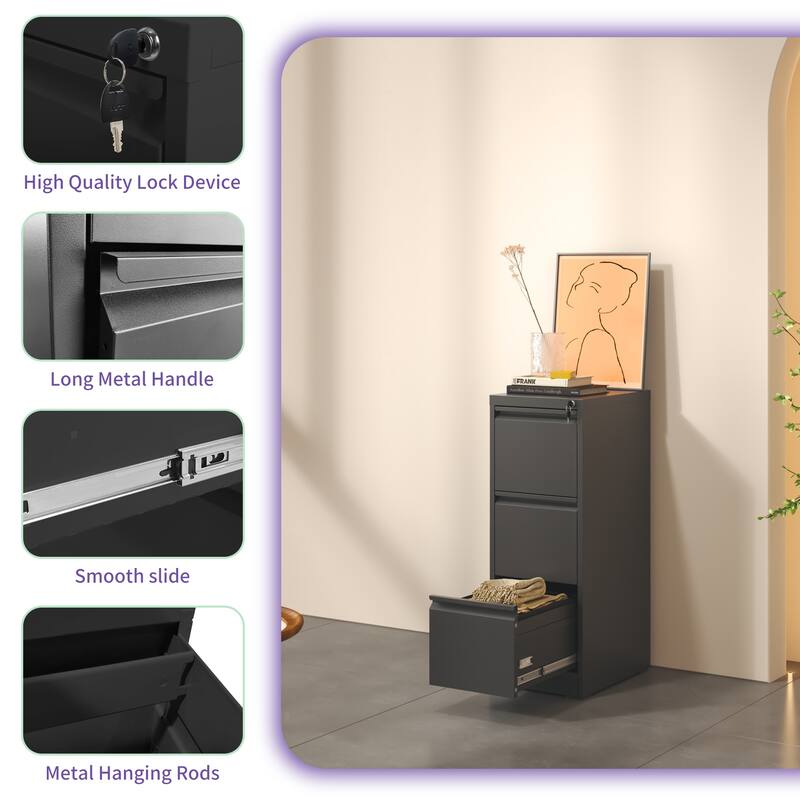 Modern Filing Cabinet Vertical Filing Cabinet with 3 Drawers, Anti-tilt System Design and Lock, for Home Office, White