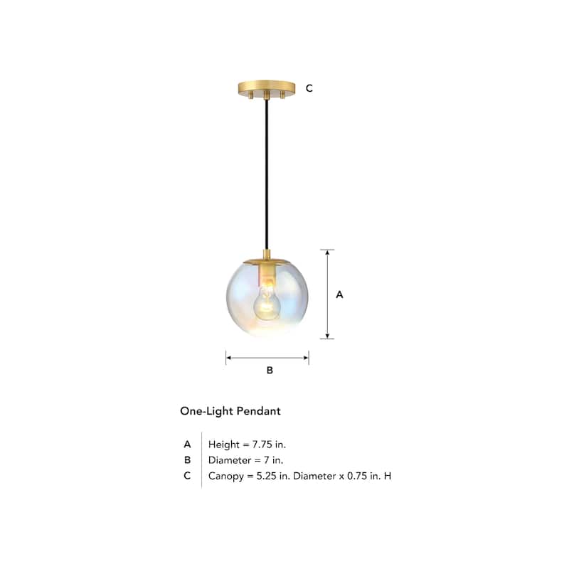 Neva 60 Watt 1-Light Brushed Gold Globe Pendant Light with Clear Iridescent Glass Shade - 7.75
