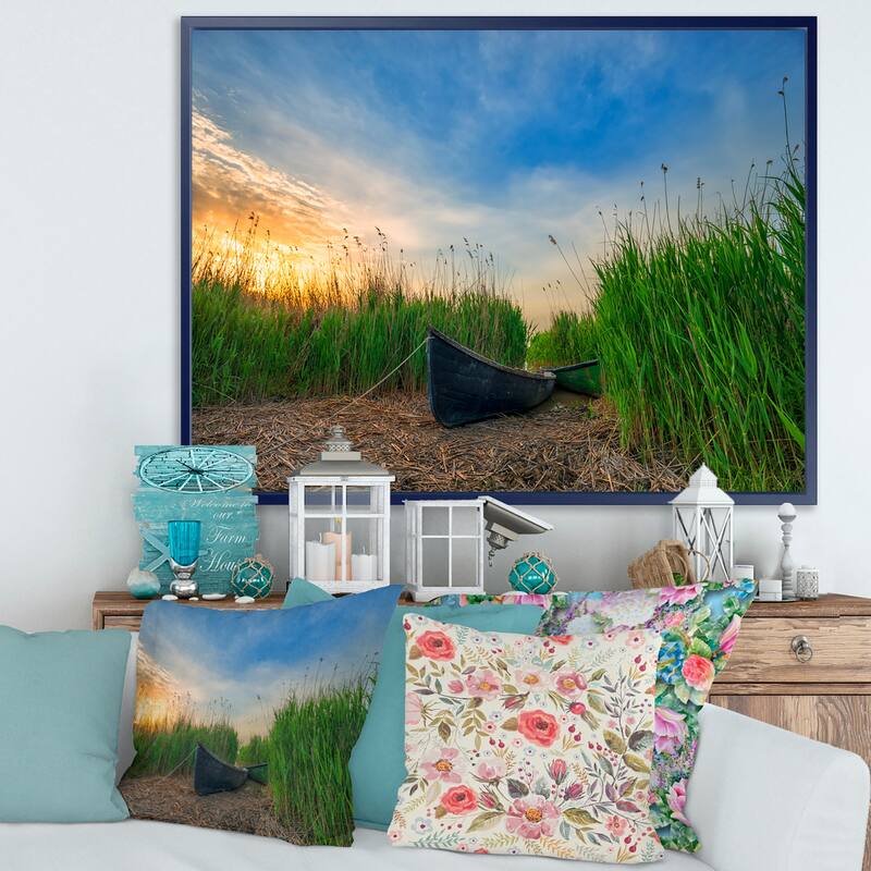 Designart "Old Fisher Boat Near Lake" Landscape Photography Framed Canvas Print