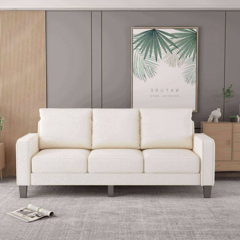 3-Seater Sofa Couch for Living Room, Durable Polyester Upholstery with Storage, Solid Wood Frame - Beige