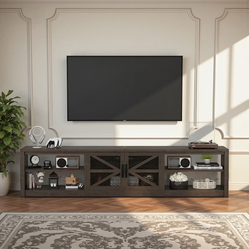 Meyreso 78.7" Retro Walnut TV Stand with Mesh Doors, LED Lighting, and Open Storage - 83 inches