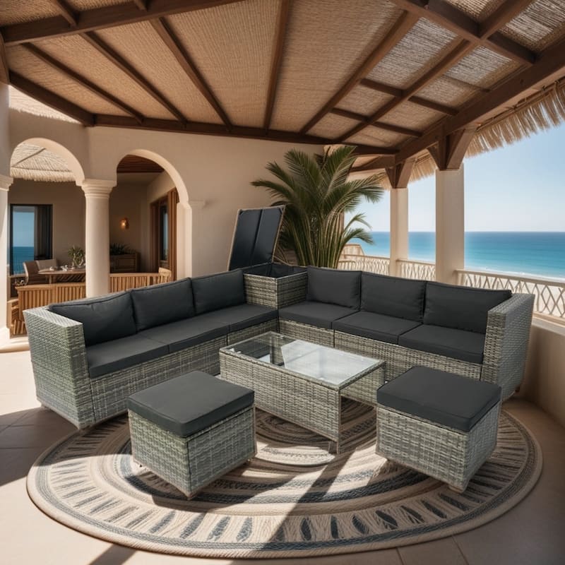 8 Piece Patio Sectional Wicker Rattan Outdoor Furniture Sofa Set with One Storage Box Under Seat - Black+Grey