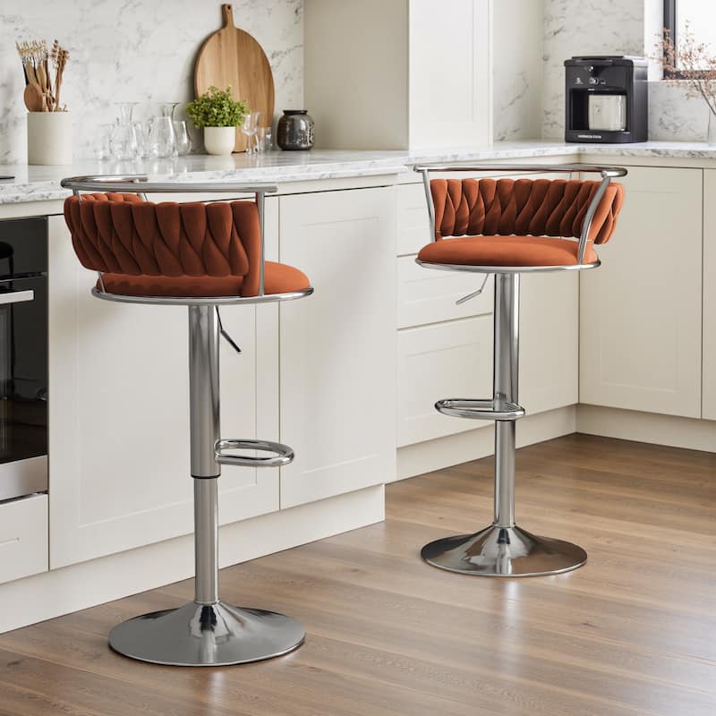 Set of 2 Velvet Adjustable Swivel Bar Stools - Silver/Orange