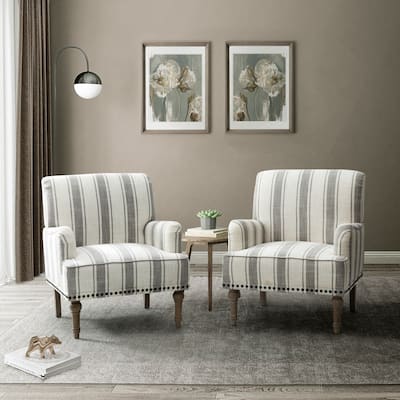 Geltrude Upholstered Striped Farmhouse Style Armchair With Nailhead Trim Set of 2 by HULALA HOME