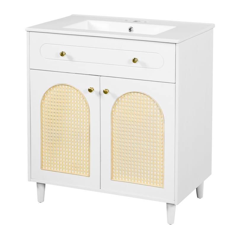 Woven Rattan Bathroom Vanity / Single Ceramic Sink Bathroom Cabinet