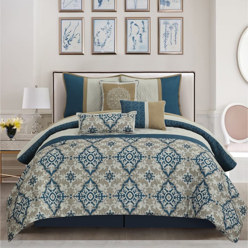 Nanshing Reina Trellis 7 Piece Comforter Set - Blue - Queen