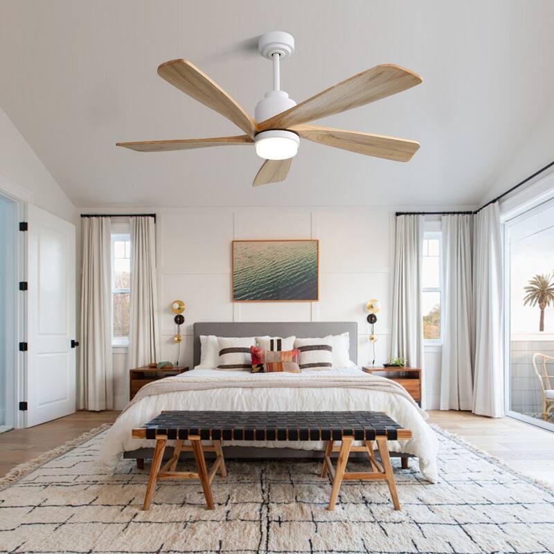 52 Inch Indoor Ceiling Fan with Light & Smart APP Control, 5 Solid Wood Blades Reversible DC Motor Ceiling Fan Chandelier - White