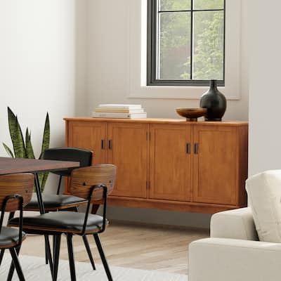WYNDENHALL Tierney SOLID HARDWOOD 66 inch Wide Rectangle Modern 4 Door Sideboard Buffet in Teak Brown - 17" D x 66" W x 36" H