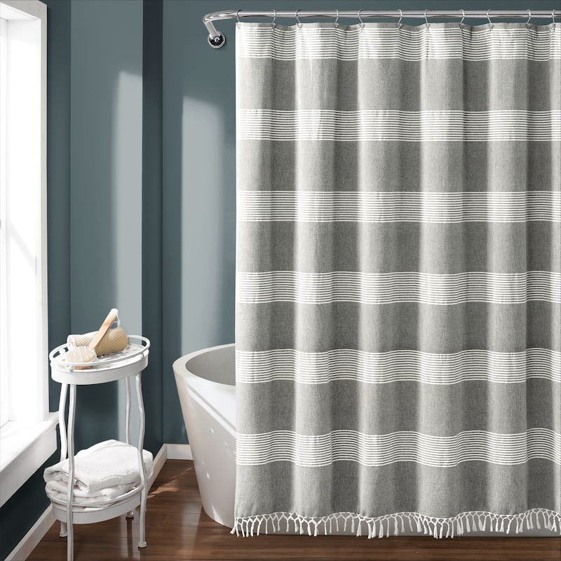 The Gray Barn Done Roamin Stripe Yarn Dyed Cotton Knotted Tassel Shower Curtain - Gray