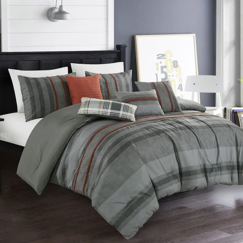 7 Piece Grey Orange Modern Striped Bedding Comforter Set - King