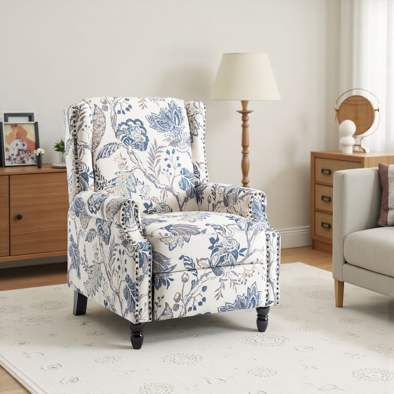 29'' W Vintage Linen Floral Manual Push Back Recliner Chair - Plant Blue
