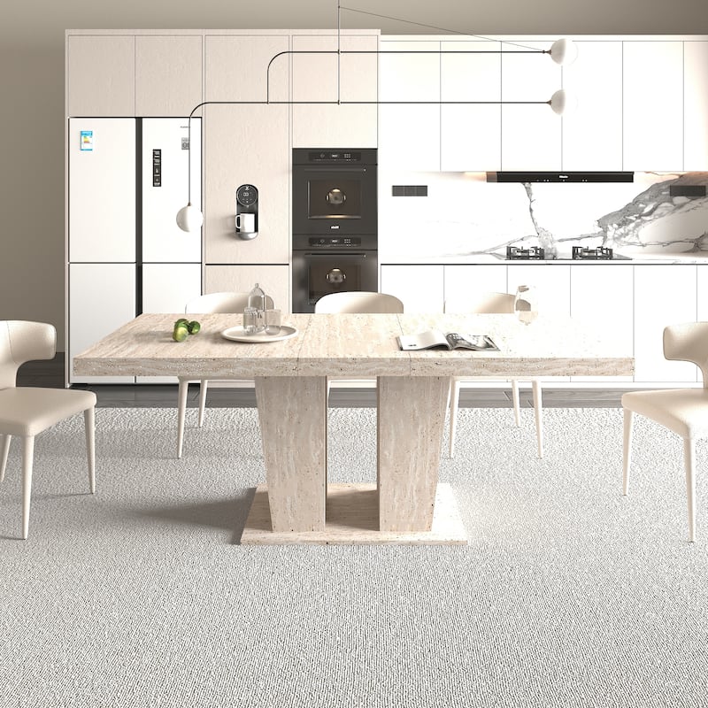 Extendable Dining Table Meeting Table, Wood Kitchen Table for 6-10, Large Office Table with Veined Travertine Pattern