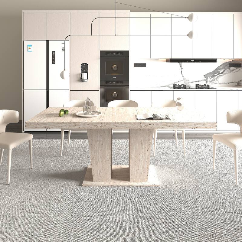 Rectangular Extendable Dining Table, Suitable for 6-10 People, with Veined Travertine Pattern, Dimensions 160-200 cm - Beige