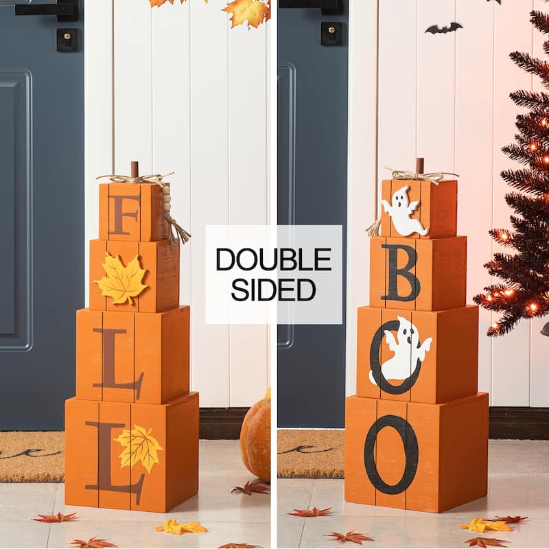 Glitzhome 25.5"H Halloween and Fall Wood Reversible Boxed Porch Decor