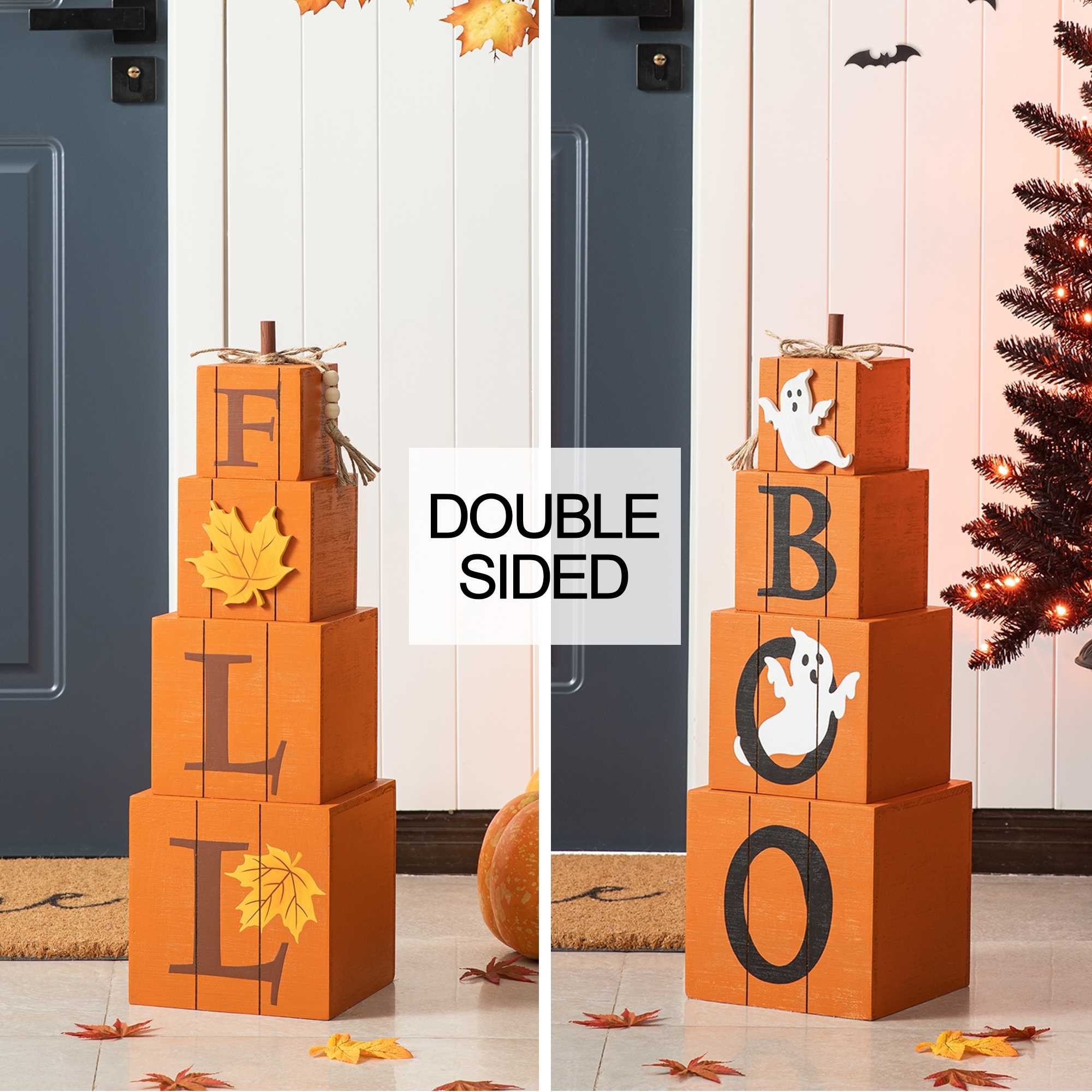 Glitzhome 25.5"H Halloween and Fall Wood Reversible Boxed Porch Decor