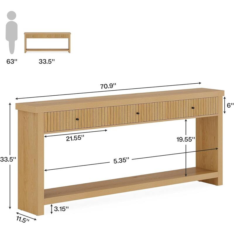 Extra Long Wood Console Table, Oak Sofa Entryway Table with 3 Drawers & Storage Shelves for Living Room, Hallway, Foyer
