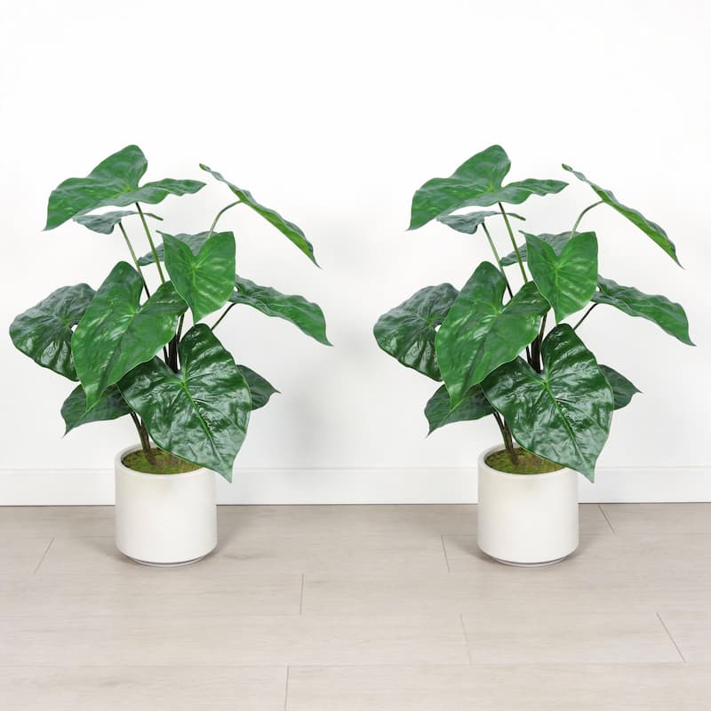 30" Artificial Tropical Alocasia Leaf Plant With White Pot 2pc/set