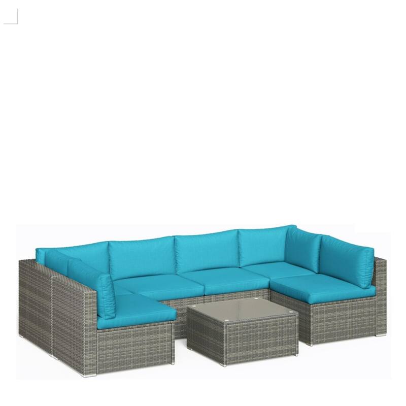 7-Piece Wicker Patio Set with Light Blue Cushions and Glass Coffee Table