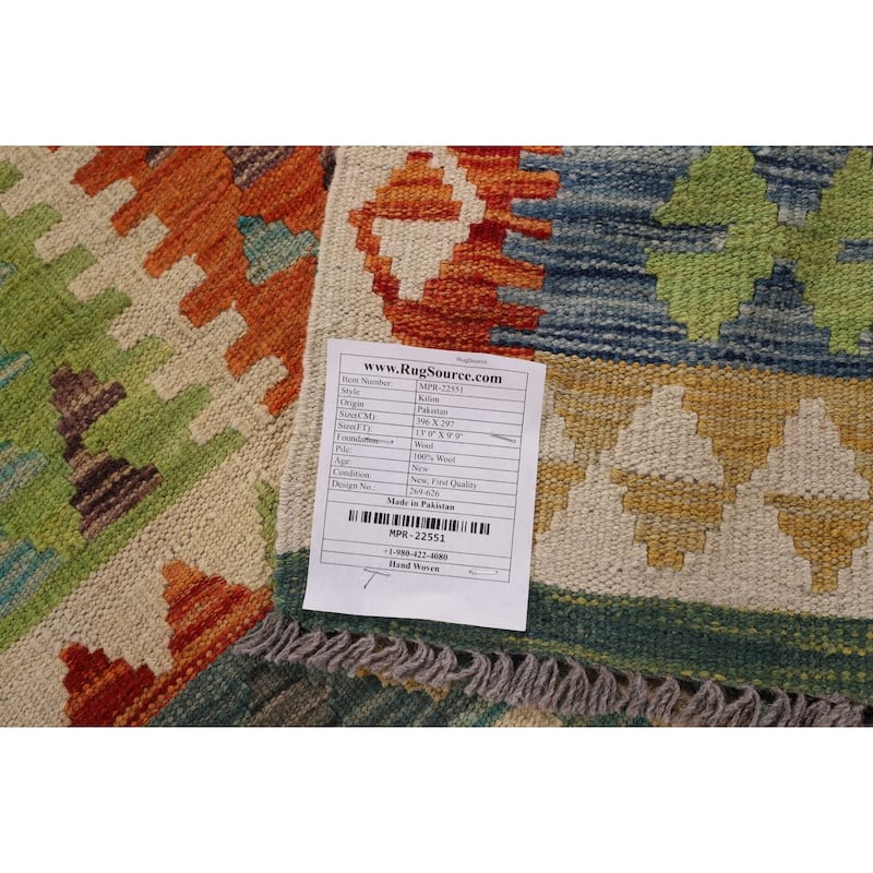 Geometric Colorful Kilim Oriental Area Rug Flatweave Wool Carpet - 9'9" x 13'0"