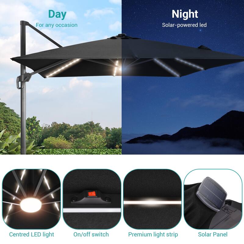 BONOSUKI 10x10FT LED Cantilever Patio Umbrella Angle Adjustment w/Base