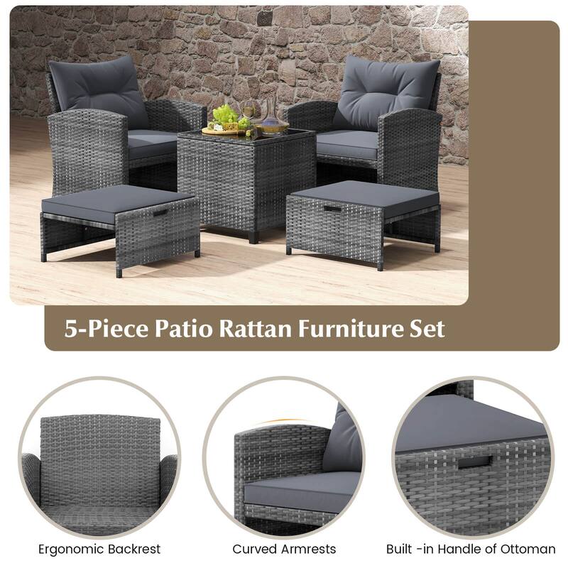 Gymax 5 PCS Rattan Furniture w/ 2 Ottomans & Tempered Glass Coffee