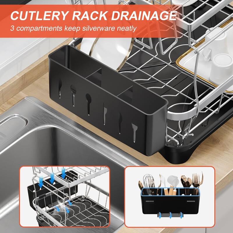 Stainless Steel Dish Drying Rack with Drain Tray & Cup Holder